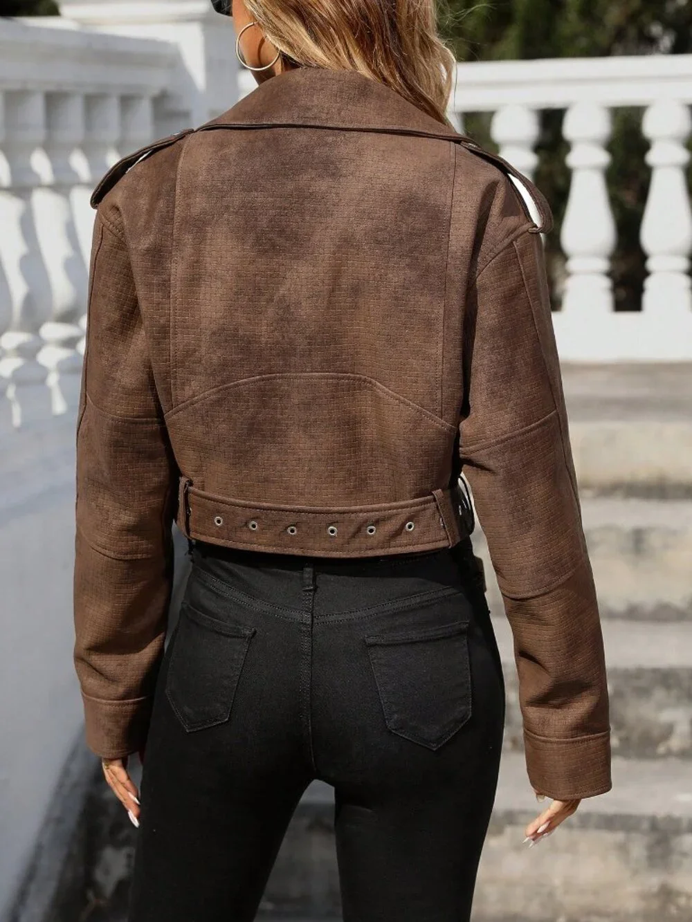 Rust Brown Casual Women's Faux Leather Cropped Zip Up Motorcycle Jacket